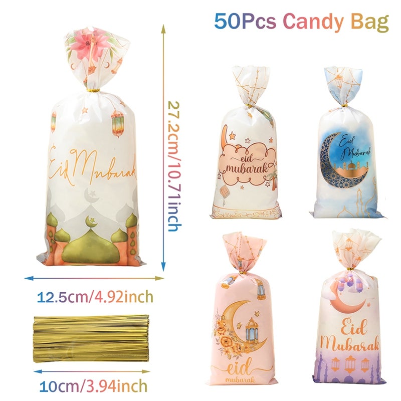 50pc Eid Mubarak Gift Bag, Plastic Cellophane Treat Bag, Ramadan Gift Bags, Candy Bags